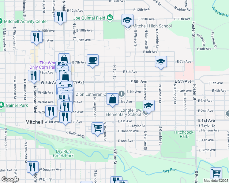 map of restaurants, bars, coffee shops, grocery stores, and more near 600 East 4th Avenue in Mitchell