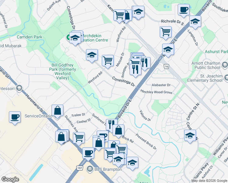 map of restaurants, bars, coffee shops, grocery stores, and more near 2 Burnley Place in Brampton