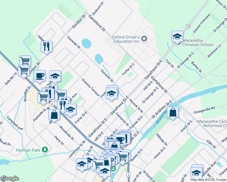 map of restaurants, bars, coffee shops, grocery stores, and more near 380 Forfar Street East in Fergus