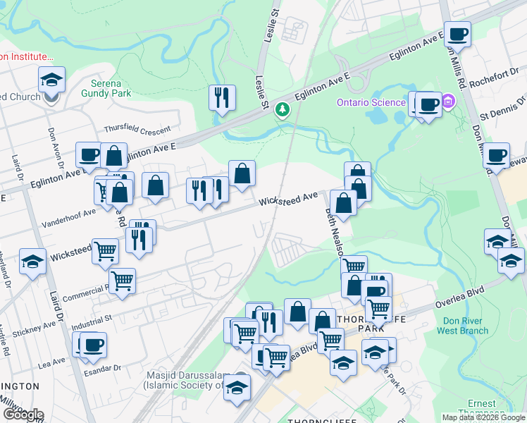 map of restaurants, bars, coffee shops, grocery stores, and more near in Toronto