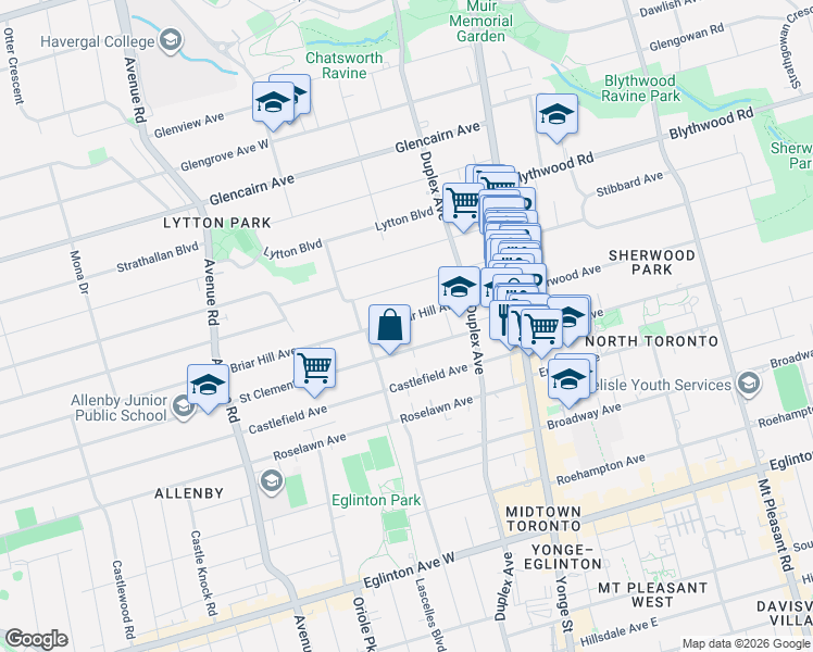 map of restaurants, bars, coffee shops, grocery stores, and more near 141 Briar Hill Avenue in Toronto