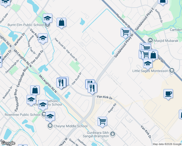 map of restaurants, bars, coffee shops, grocery stores, and more near 15 Tinsmith Street in Brampton
