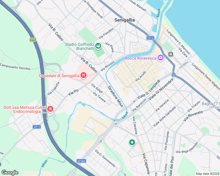 map of restaurants, bars, coffee shops, grocery stores, and more near 44 Stradone Misa in Senigallia