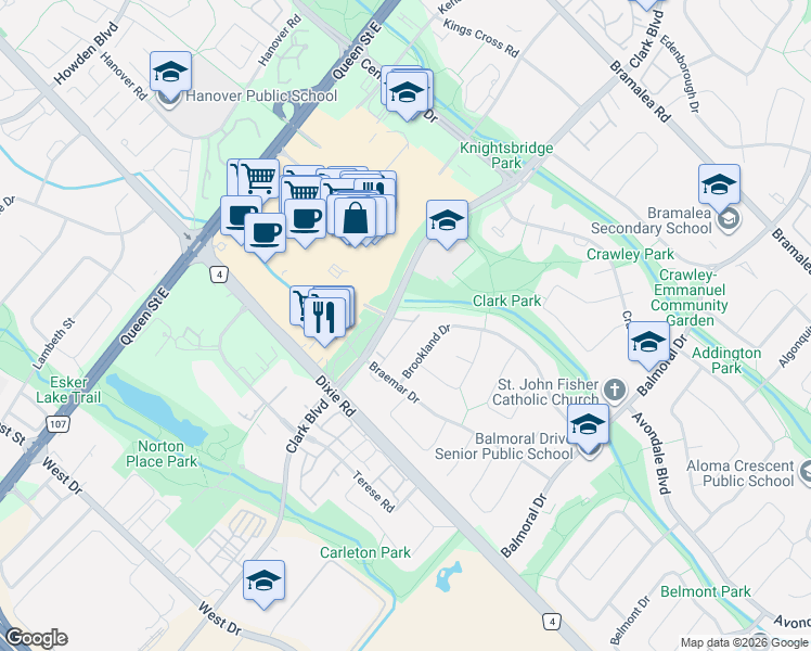 map of restaurants, bars, coffee shops, grocery stores, and more near 73 Briar Path in Brampton