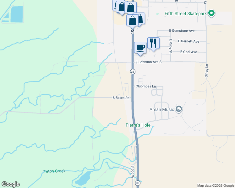map of restaurants, bars, coffee shops, grocery stores, and more near 592 South Bates Road in Driggs