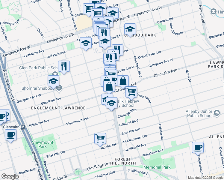 map of restaurants, bars, coffee shops, grocery stores, and more near 2795 Bathurst Street in Toronto