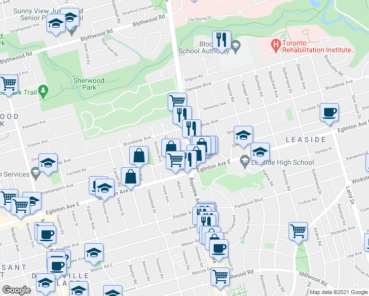 map of restaurants, bars, coffee shops, grocery stores, and more near in Toronto