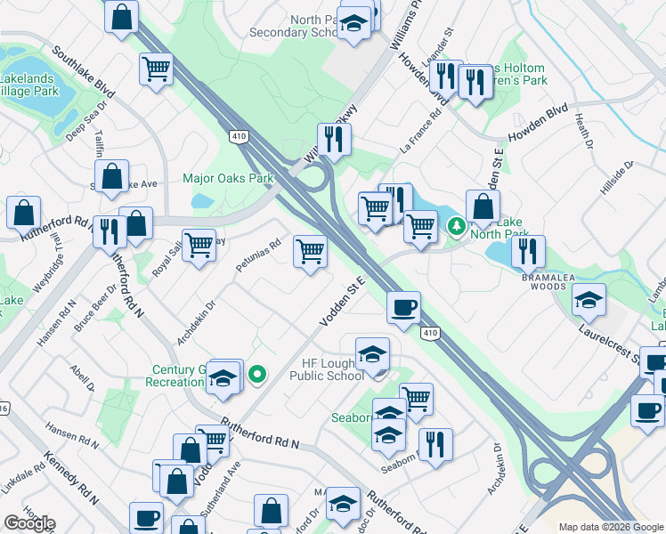 map of restaurants, bars, coffee shops, grocery stores, and more near 286 Royal Salisbury Way in Brampton