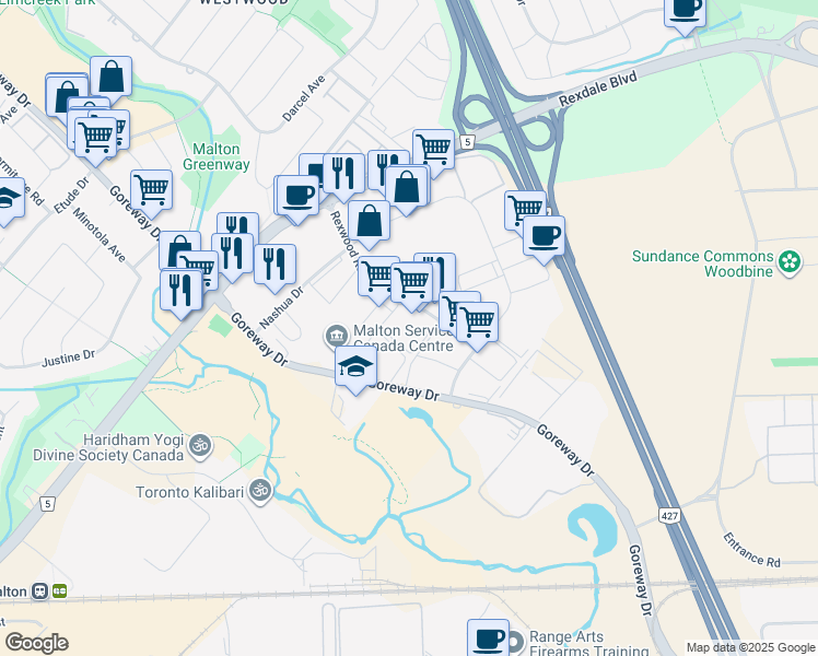 map of restaurants, bars, coffee shops, grocery stores, and more near 6800 Rexwood Road in Mississauga