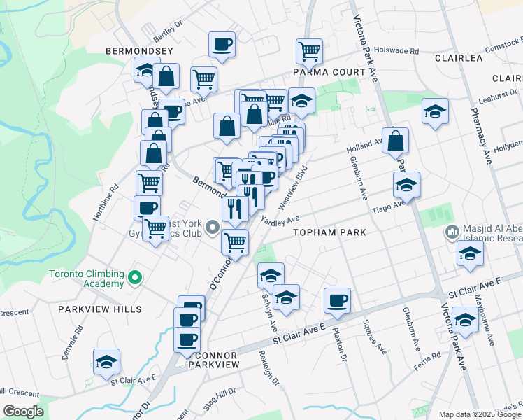 map of restaurants, bars, coffee shops, grocery stores, and more near 1401 O'Connor Drive in Toronto