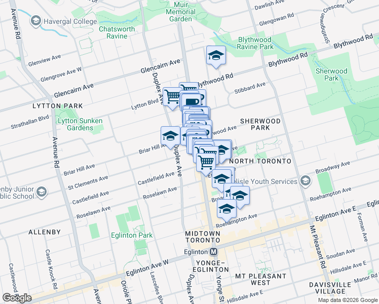 map of restaurants, bars, coffee shops, grocery stores, and more near 21 St Clements Avenue in Toronto