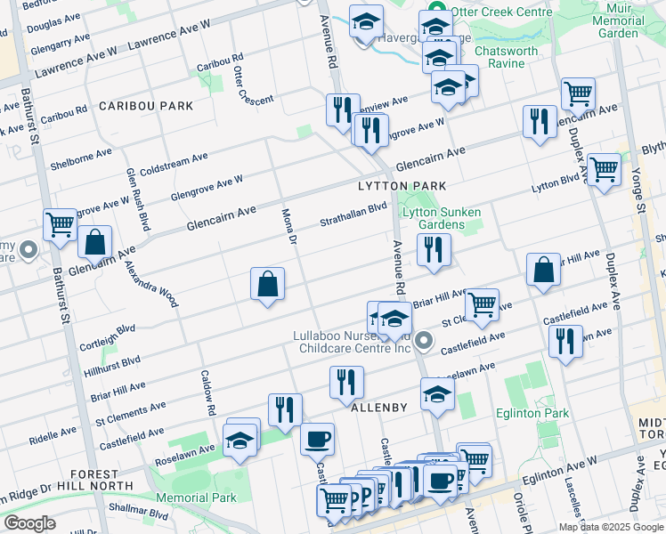 map of restaurants, bars, coffee shops, grocery stores, and more near 200 Cortleigh Boulevard in Toronto