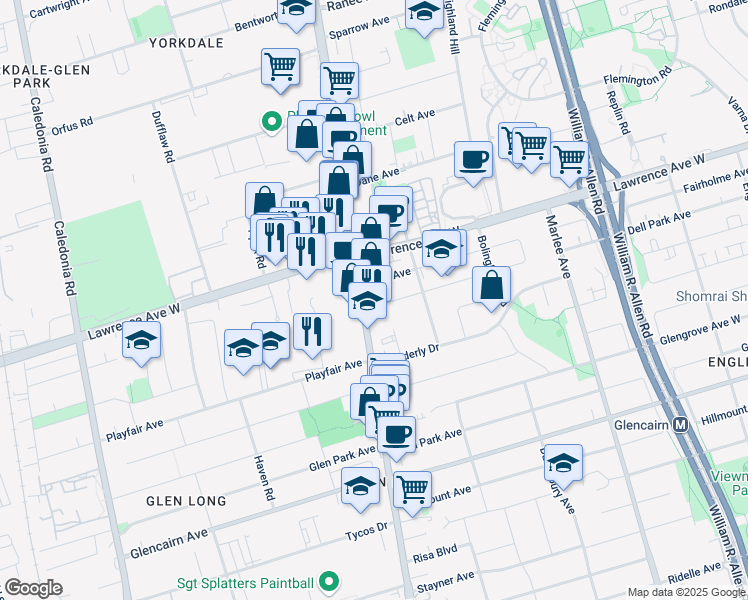 map of restaurants, bars, coffee shops, grocery stores, and more near 3019 Dufferin Street in Toronto