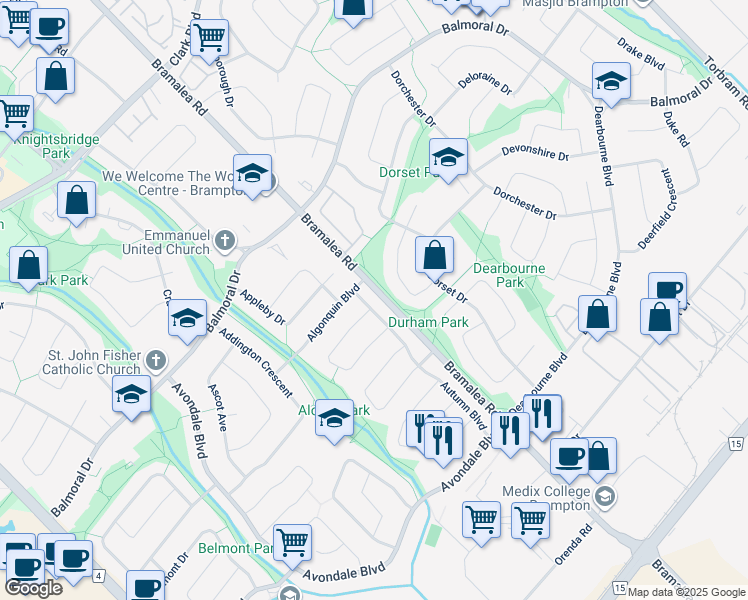 map of restaurants, bars, coffee shops, grocery stores, and more near 83 Autumn Boulevard in Brampton