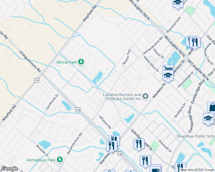 map of restaurants, bars, coffee shops, grocery stores, and more near 21 Boat Street in Brampton