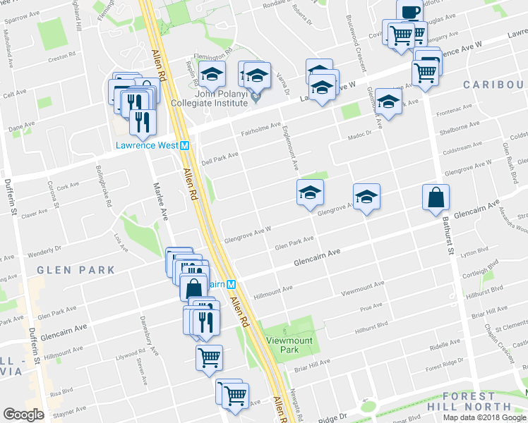map of restaurants, bars, coffee shops, grocery stores, and more near 623 Coldstream Avenue in Toronto