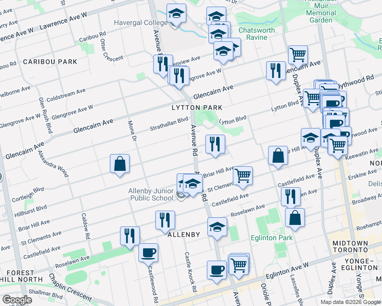 map of restaurants, bars, coffee shops, grocery stores, and more near in Toronto