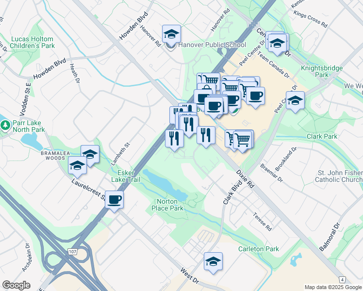 map of restaurants, bars, coffee shops, grocery stores, and more near 14 Lisa Street in Brampton