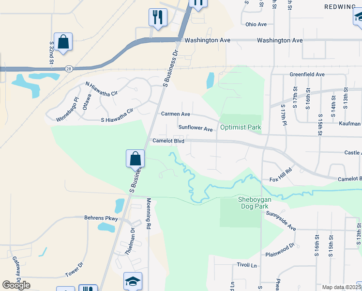 map of restaurants, bars, coffee shops, grocery stores, and more near 2501 Camelot Boulevard in Sheboygan