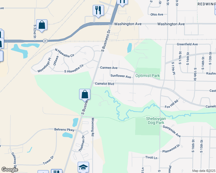 map of restaurants, bars, coffee shops, grocery stores, and more near 2501 Camelot Boulevard in Sheboygan