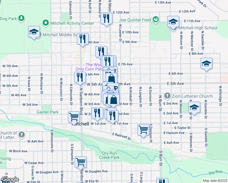 map of restaurants, bars, coffee shops, grocery stores, and more near 500 North Main Street in Mitchell