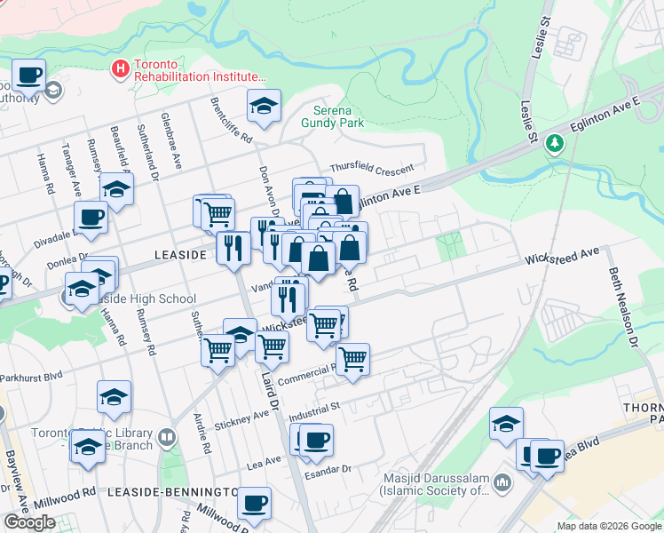 map of restaurants, bars, coffee shops, grocery stores, and more near Vanderhoof Avenue in Toronto