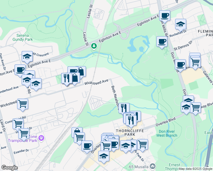 map of restaurants, bars, coffee shops, grocery stores, and more near 225 Wicksteed Avenue in Toronto