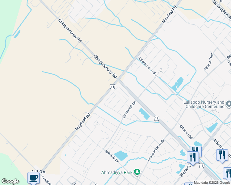 map of restaurants, bars, coffee shops, grocery stores, and more near 14 Labrish Road in Brampton