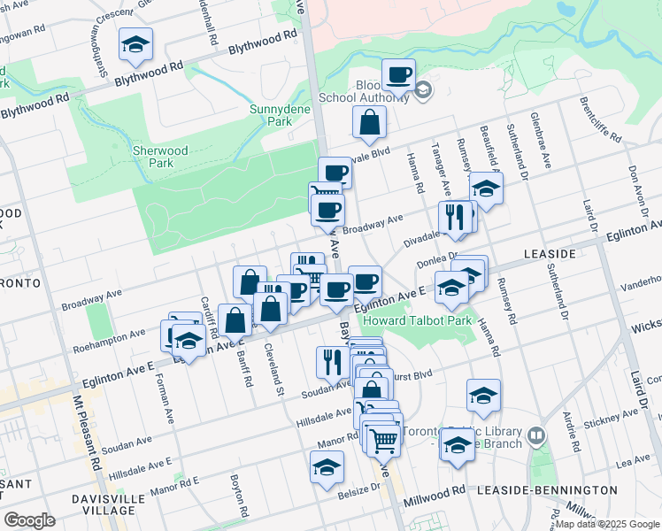 map of restaurants, bars, coffee shops, grocery stores, and more near 1818 Bayview Avenue in Toronto