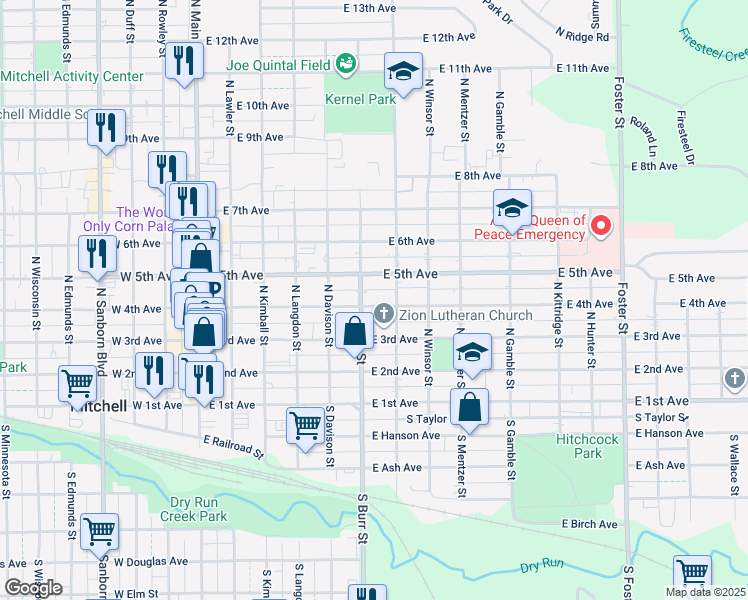 map of restaurants, bars, coffee shops, grocery stores, and more near 608 East 4th Avenue in Mitchell