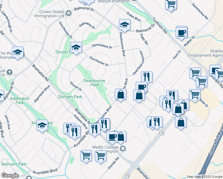 map of restaurants, bars, coffee shops, grocery stores, and more near 46 Dearbourne Boulevard in Brampton