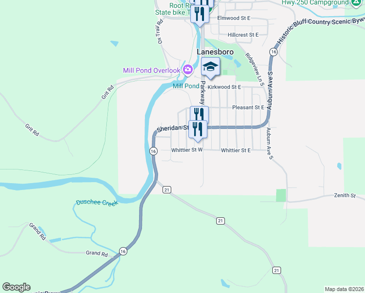 map of restaurants, bars, coffee shops, grocery stores, and more near 709 Rochelle Avenue South in Lanesboro