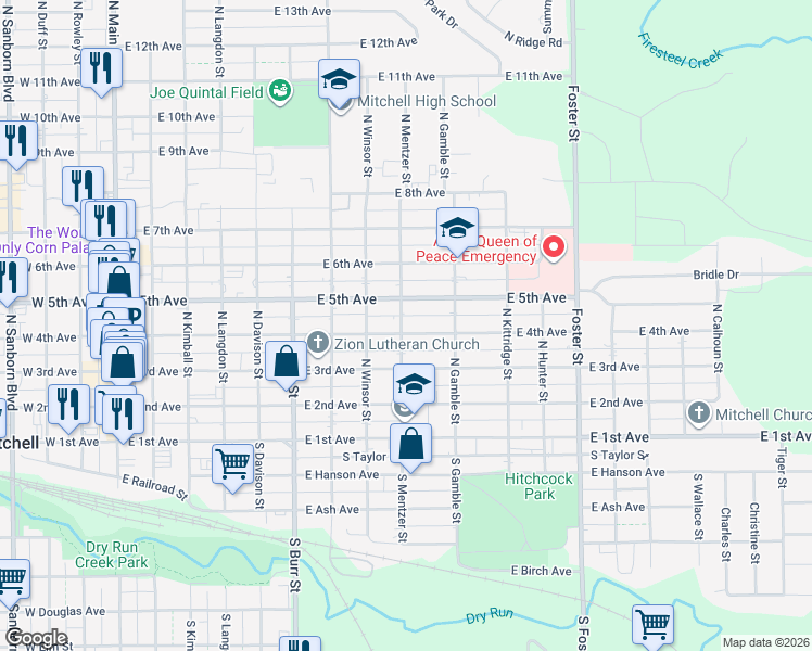 map of restaurants, bars, coffee shops, grocery stores, and more near 900 East 4th Avenue in Mitchell