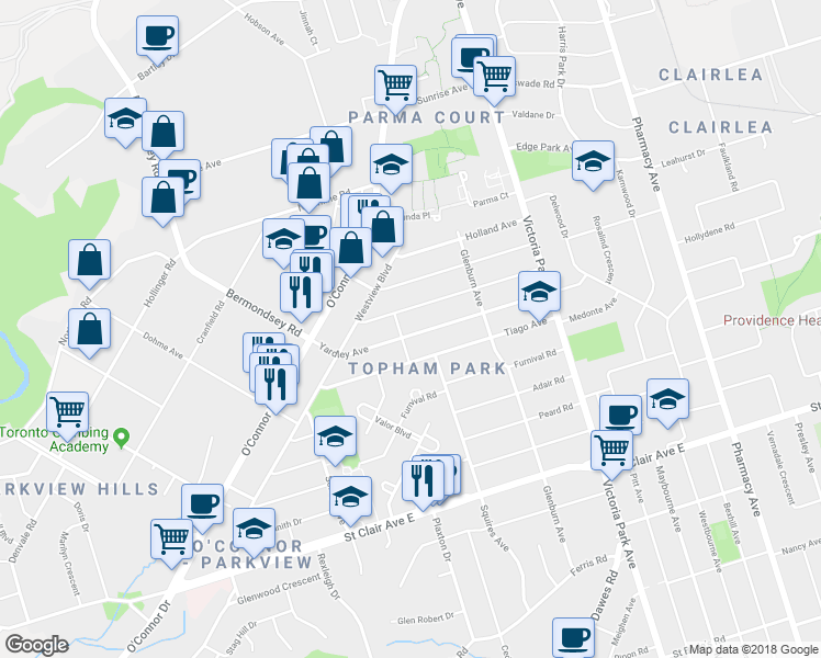 map of restaurants, bars, coffee shops, grocery stores, and more near 60 Yardley Avenue in Toronto