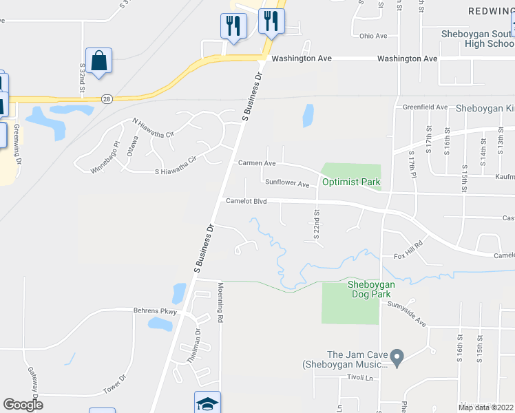 map of restaurants, bars, coffee shops, grocery stores, and more near 2501 Camelot Boulevard in Sheboygan