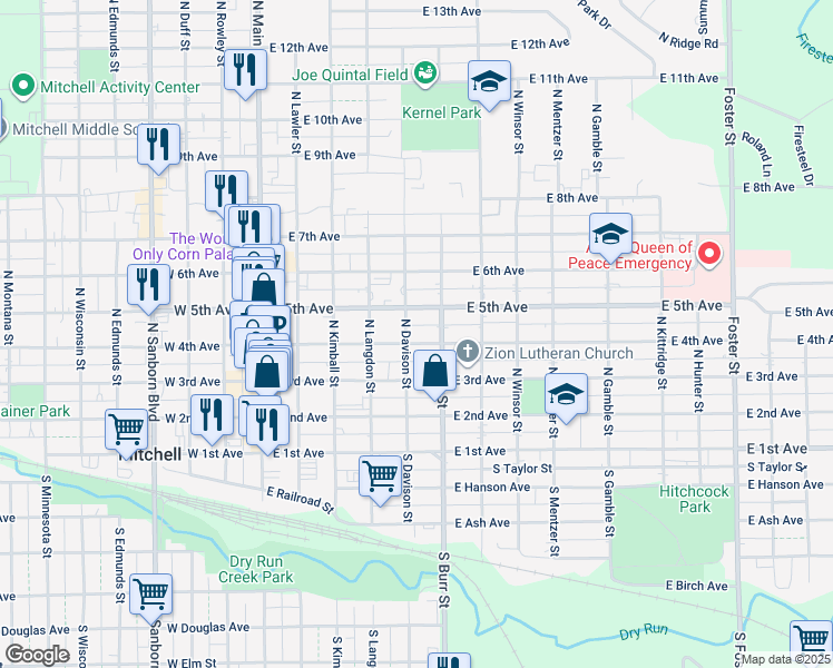 map of restaurants, bars, coffee shops, grocery stores, and more near 516 East 4th Avenue in Mitchell