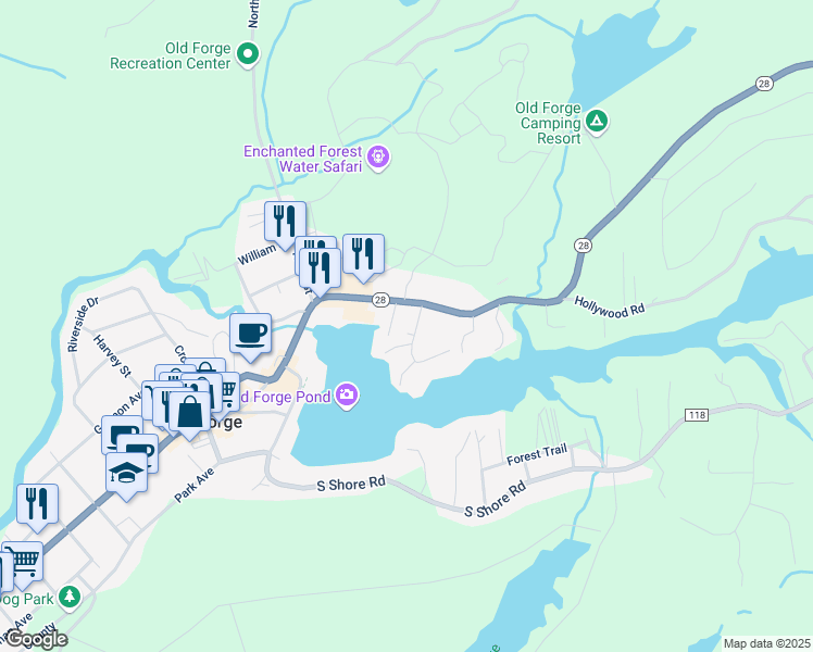 map of restaurants, bars, coffee shops, grocery stores, and more near 112 Grove Trail in Old Forge