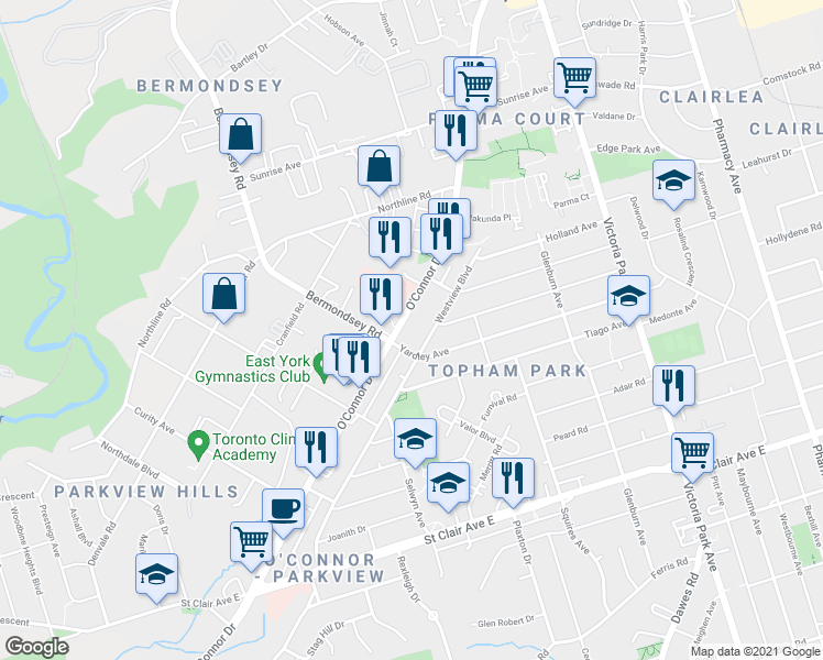 map of restaurants, bars, coffee shops, grocery stores, and more near in Toronto