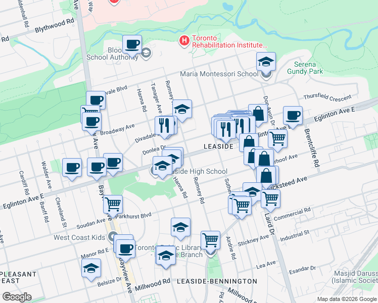 map of restaurants, bars, coffee shops, grocery stores, and more near in Toronto