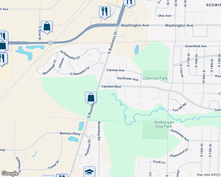 map of restaurants, bars, coffee shops, grocery stores, and more near 2501 Camelot Boulevard in Sheboygan