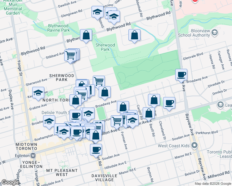 map of restaurants, bars, coffee shops, grocery stores, and more near 8 Corinth Gardens in Toronto