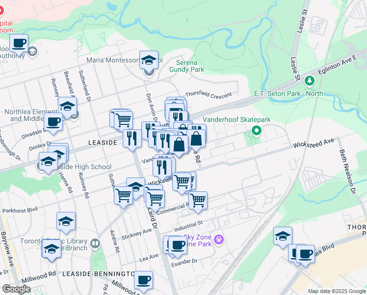 map of restaurants, bars, coffee shops, grocery stores, and more near 100 Vanderhoof Avenue in Toronto