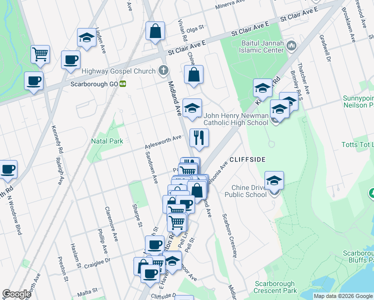 map of restaurants, bars, coffee shops, grocery stores, and more near in Toronto