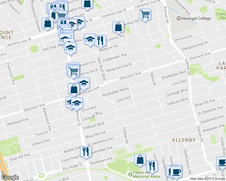map of restaurants, bars, coffee shops, grocery stores, and more near 230 Strathallan Wood in Toronto