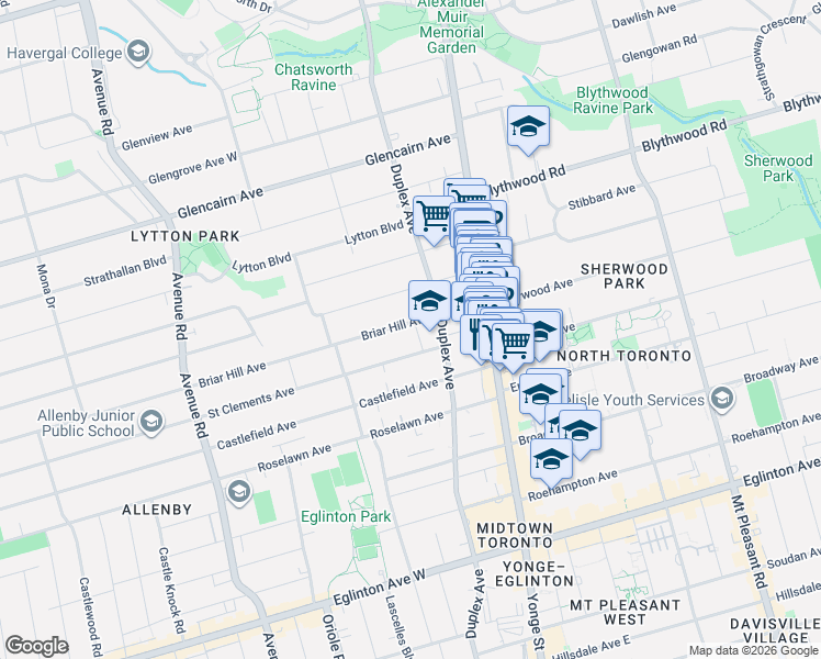 map of restaurants, bars, coffee shops, grocery stores, and more near 101 Briar Hill Avenue in Toronto