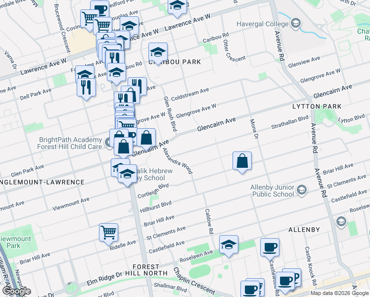 map of restaurants, bars, coffee shops, grocery stores, and more near 230 Strathallan Wood in Toronto