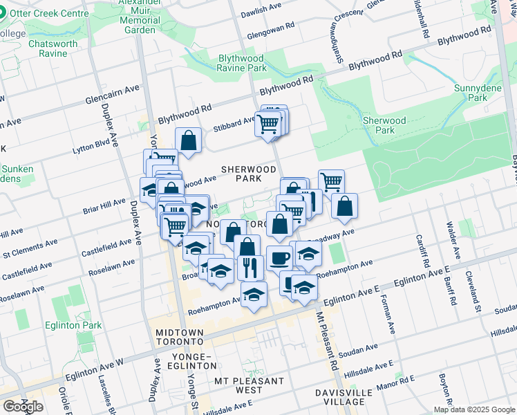 map of restaurants, bars, coffee shops, grocery stores, and more near 140 Erskine Avenue in Toronto