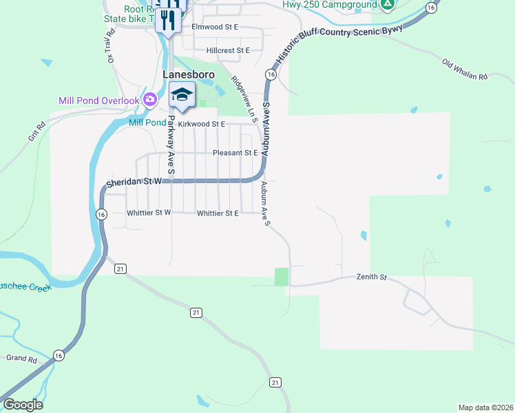 map of restaurants, bars, coffee shops, grocery stores, and more near 708 Auburn Avenue South in Lanesboro