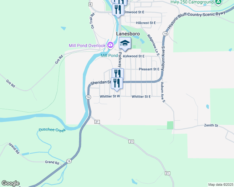 map of restaurants, bars, coffee shops, grocery stores, and more near 709 Parkway Avenue South in Lanesboro