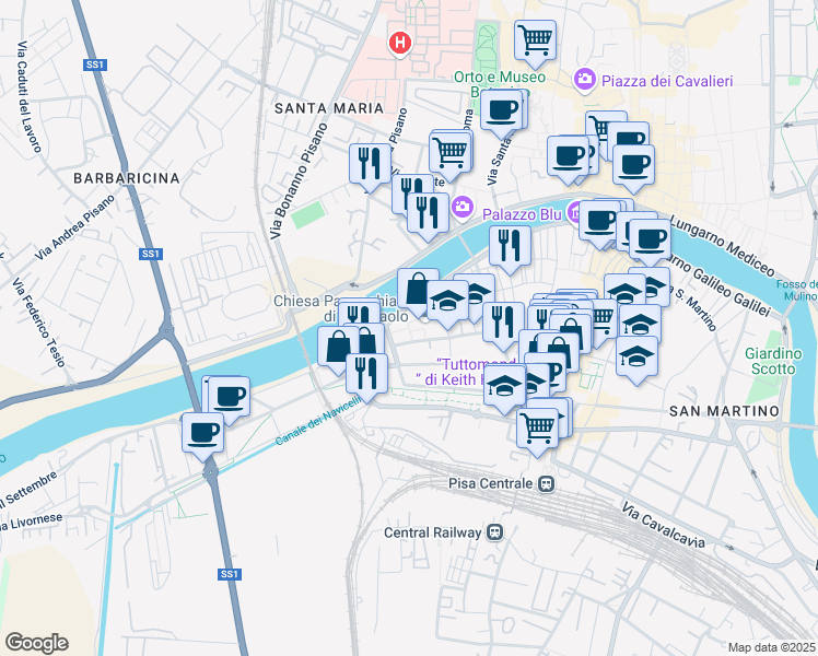 map of restaurants, bars, coffee shops, grocery stores, and more near 2 Piazza San Paolo a Ripa D'Arno in Pisa